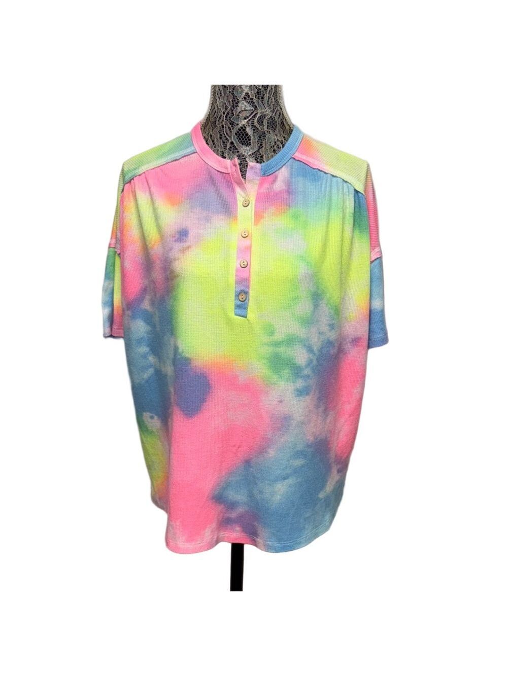 Cherish Small Rainbow Tie Dye Henley Top Oversized Festival Lounge Casual